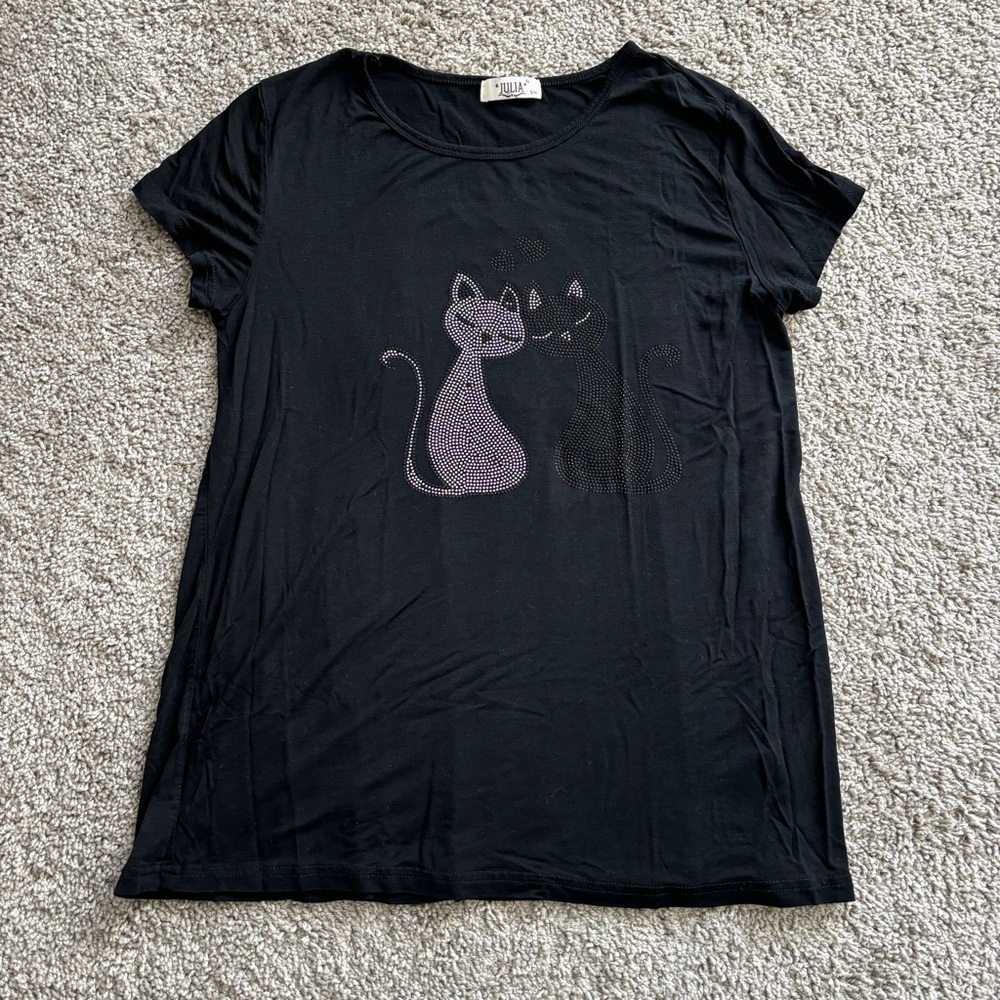 Julia Size S/M Rhinestone Cat Black Short Sleeve Shirt